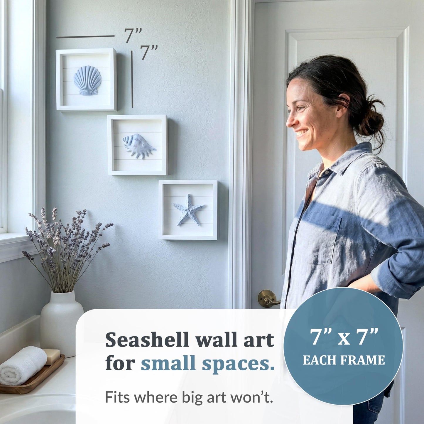 TideAndTales Blue Seashells and Starfish (Framed Set of 3) Coastal 3D Wall Art, Beach Wall Decor for Bathroom or Coastal Bedroom, Ocean Inspired Seaside Decorations for Home or Beach House (7"x7")