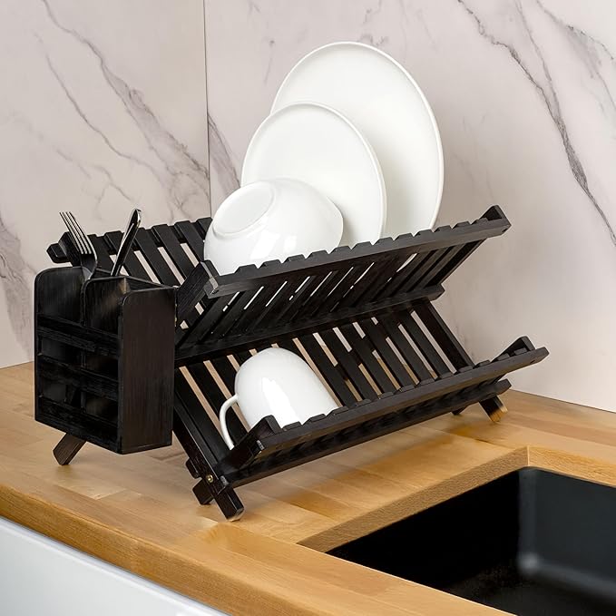 happimess DSH2000C Arlen Farmhouse Bamboo Foldable 2-Tier Dish Drying Rack with Detachable Utensil Holder, Black
