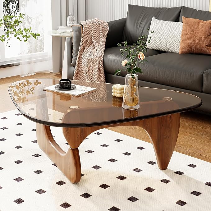 Coffee Table for Living Room Mid Century Modern Center Table with Glass Top and Wood, 32 Inch, Brown/Walnut