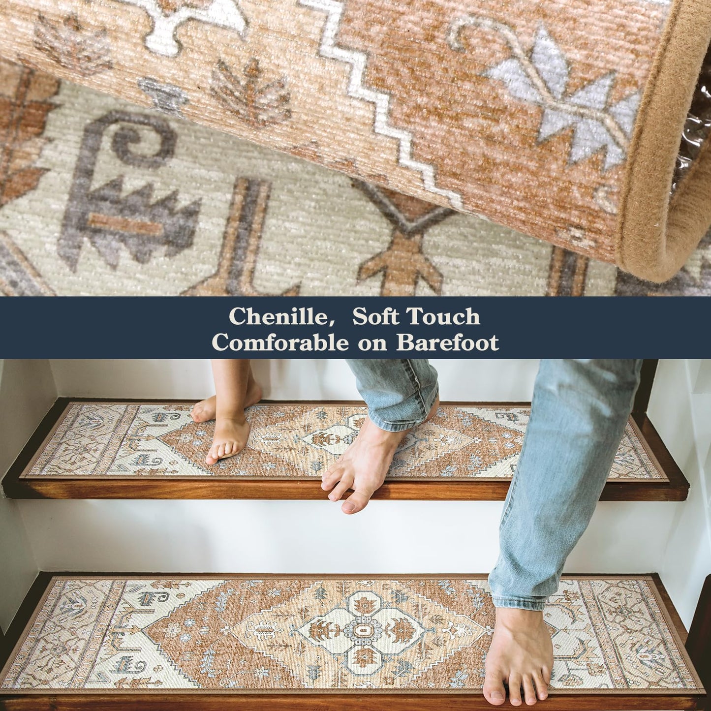 Lahome Stair Treads Non Slip 15 Pack 8" X 30" Stair Treads for Wooden Steps, Washable Self Adhesive Stair Runners Stain Resistant Stair Carpet, Edging Staircase for Kids Elders and Dogs Dorie, Taupe