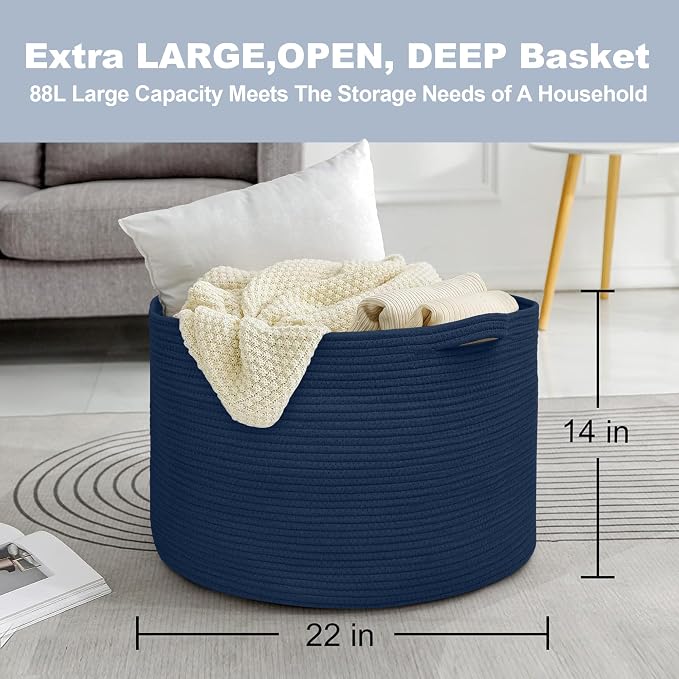 MEGASKET Dark Blue Basket for Organizing, 22" x 14" Extra Large Woven Cotton Rope Laundry Basket, Blanket Storage for Living Room Bedroom, Big Nursery Kids Toy Box Organizer, Pool Towel Storage Bin