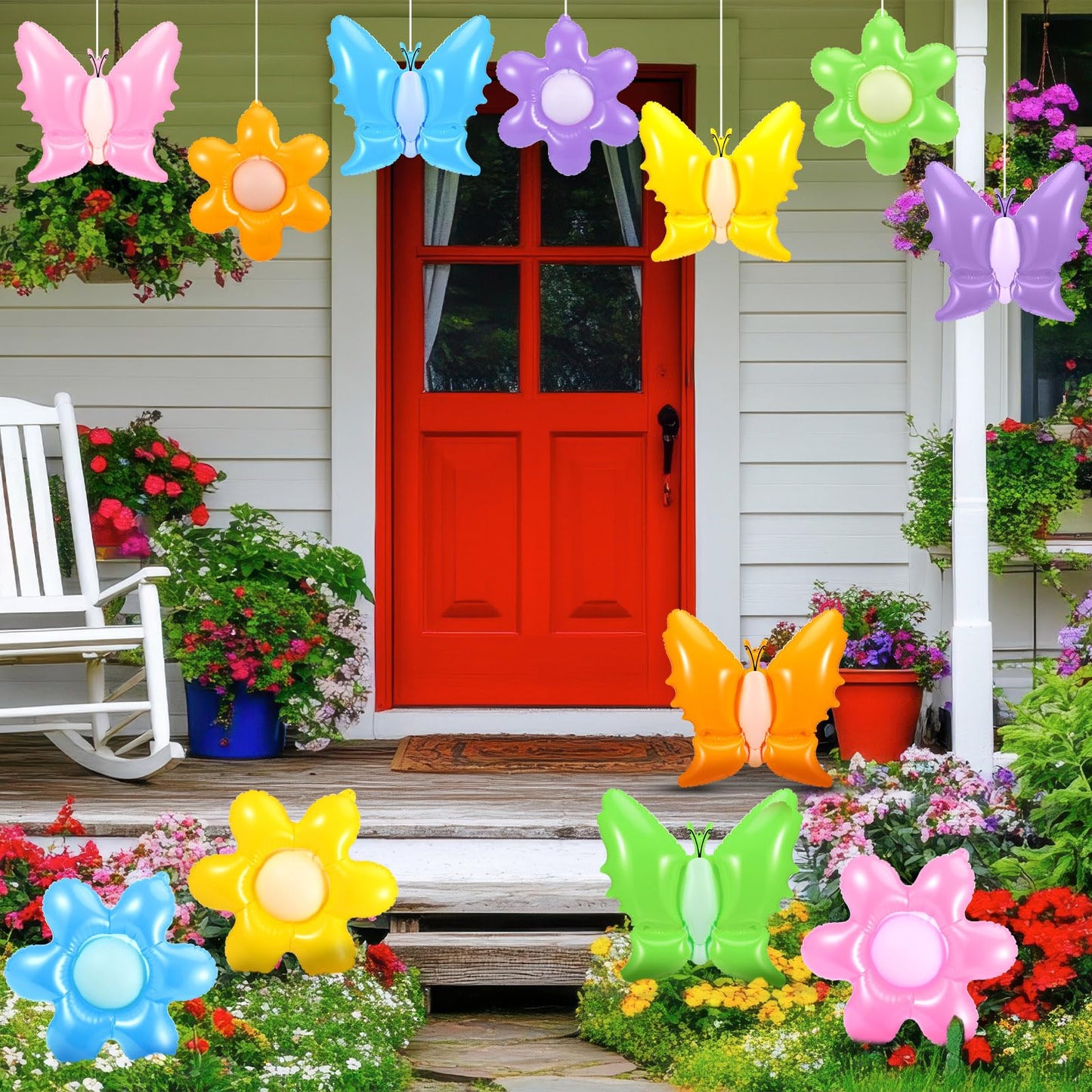 Realspring 12 Pcs 12 Inch Spring Summer Inflatable Outdoor Decorations Butterfly Flowers Inflatable Hanging Ornament Large PVC Spring Summer Butterfly Flowers Blow up Yard Party Indoor Outdoor Decor