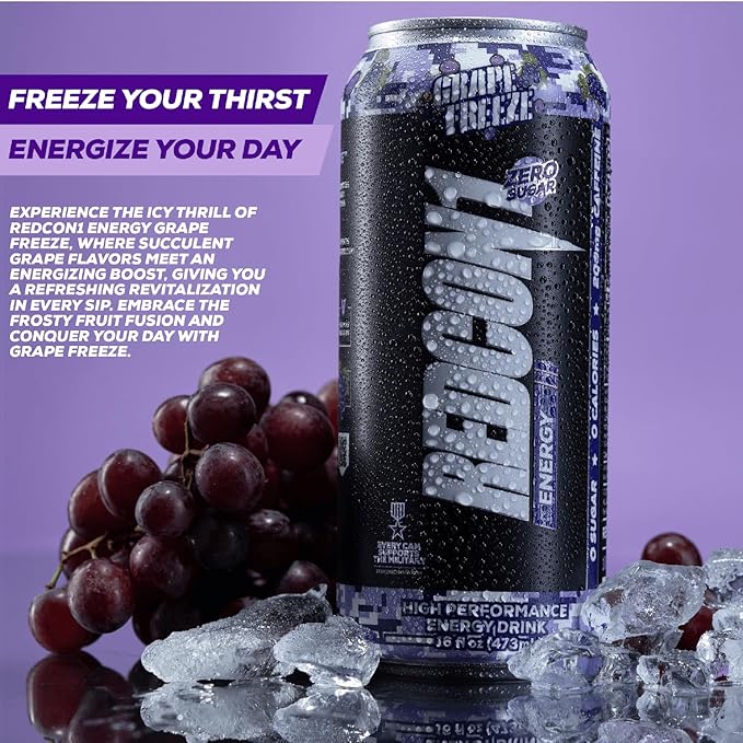 REDCON1 Energy High Performance Drink, Grape Freeze - Zero Sugar Energy Drink with Alpha GPC Nootropic - 200mg Natural Caffeine from Green Coffee Beans - Vitamin B6, B12 & B5 to Boost Mood (12 ct)