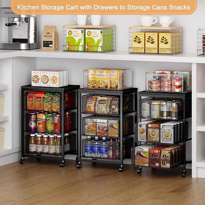 Pantry Organizer and Storage Cart, 3-Tier Kitchen Storage Cart with Drawer, Fruit Vegetable Storage Cart with Wheels, Wooden Top Metal Wire Kitchen Organizer Rack Stand for Food Snack Onion Potato