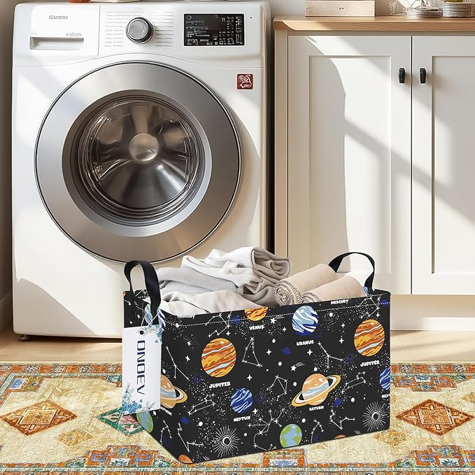 Rectangular Space Planet Pattern Storage Bin, Decorative Canvas Laundry Basket with Dual Handles, Foldable Household Toy Organizer, Multipurpose Party Gift Basket for Bedroom Dorm