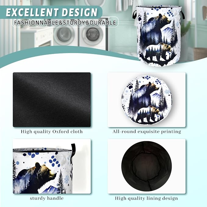 Bear Forest Laundry Basket Animal Bears Laundry Hamper Foldable Oxford Cloth Adventure Funny Tote Bag Clothes Toy Storage Bucket For Bathroom/Laundry Storage/Bedroom 18.9 x 16.5 Inch