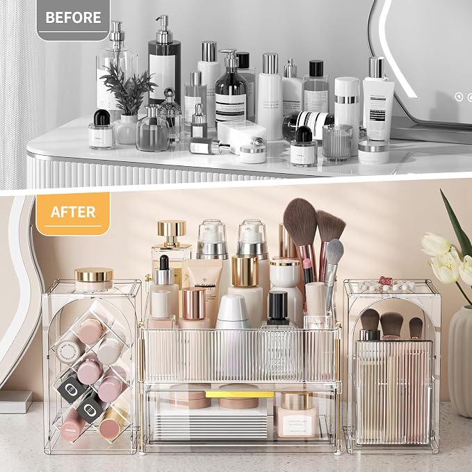 Modular Makeup Organizer, Clear Acrylic Cosmetic Storage Box with Drawer, Vanity Countertop Organizer for Makeup, Skincare and Beauty Accessories – Multiple Styles