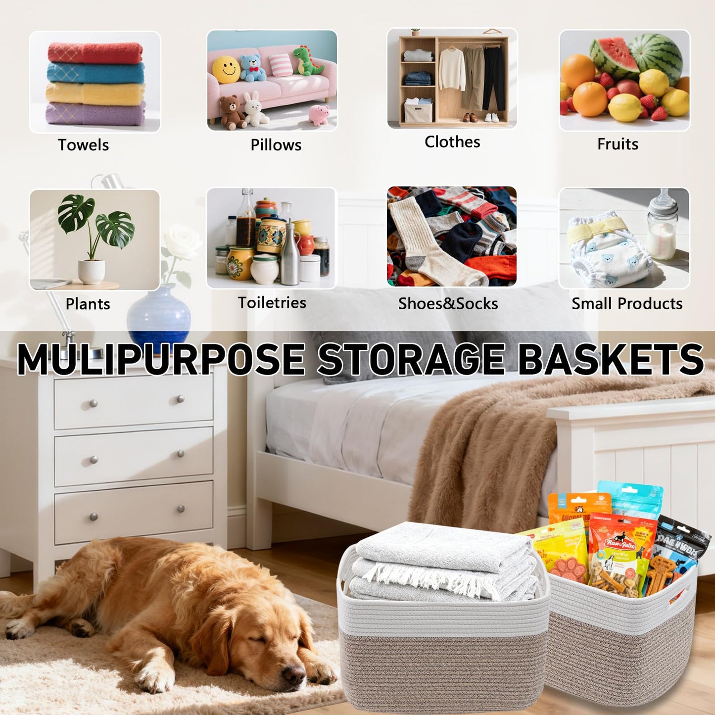 HZFTJOY 3 Pack Woven Rope Storage Baskets for Shelves,13.5"×11"×9.5" Storage Bins with Handles,Empty Gift Baskets,Nursery Organizer for Toys,Towels,Books,Closet,Living Room,Bedroom (White & Brown)