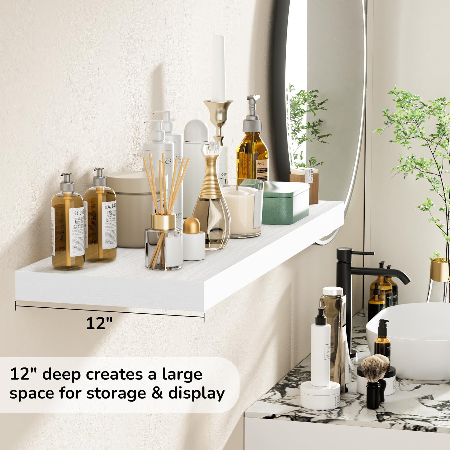 Fun Memories Floating Shelves - 2 Pack 12 Inch Rustic Wooden Wall Shelves - Extra Deeper & Thicker Wall Mounted Storage Shelf for Living Room, Kitchen, Farmhouse - 36" W x 12" D x 1.8" H - White