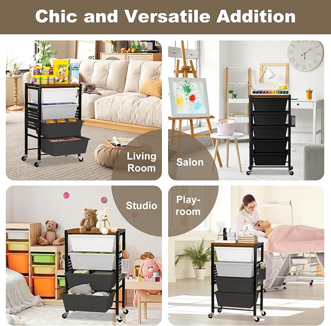 Rolling Cart with Drawers, Rolling Storage Cart with Large Plastic Drawers & Wooden Tabletop, Utility Cart with Pegboards & Basket, Storage Drawers Cart for Living Room, Classroom, Bedroom, Office