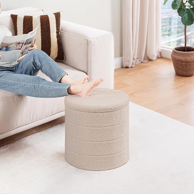 PINPLUS Round Storage Ottoman Foot Rest Stool with Tray Velvet Sherpa Folding Storage Ottoman,Boucle Foot Rest for Living Room, Bedroom, Dorm,Beige Color
