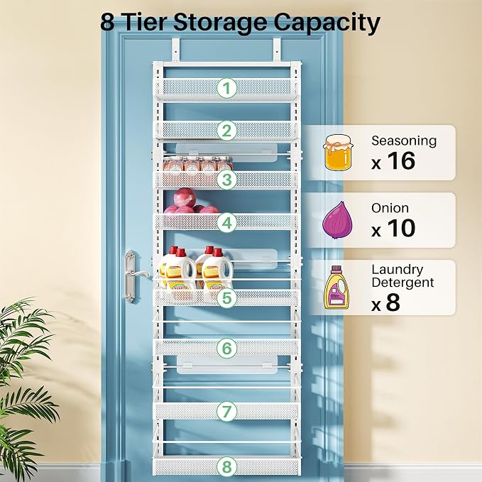 SNTD 8 Tiers Over the Door Organizer - Height Adjustable Pantry Organizers and Storage with Dense Mesh Baskets, Anti-Swing Hanging Door Spice Rack for Kitchen Bathroom (White, 17" W x 6" D x 69" H)
