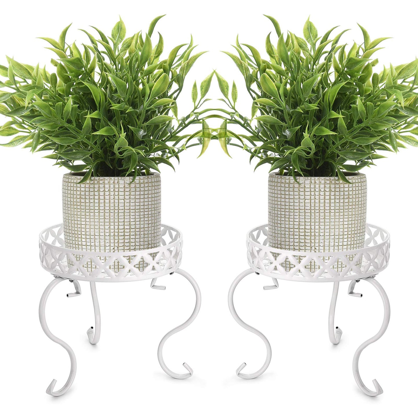 OwnMy Set of 2 Metal Round Plant Stand Rustproof Iron Flower Pot Holder, Modern Plant Display Potted Rack, Indoor Outdoor Plant Stand Heavy Duty Plant Holder for Home, Garden, Plant Lovers (White)