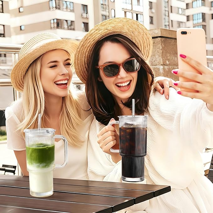 Iced Coffee Cups with Lids: Coffee Bar Accessories - Ribbed Glass Tumbler with Straw and Lid 4 Pack - 24oz Tumbler Leak Proof - Glass Cups and Tumblers with Lid and Straws - Coffee Tumbler with Handle