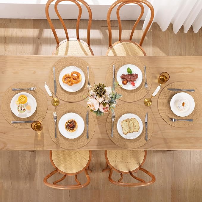 SHACOS 15 inch Round Braided Placemats Set of 6 Cotton Polyester Heat Resistant Round Table Mats Washable Place Mats for Dinner Party Table Decoration (Camel, 6)