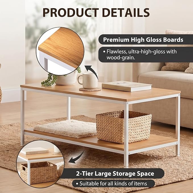 SUPER DEAL 2-Tier Coffee Table with Storage Shelf for Small Apartment Living Room, Rectangle Wood and Stable Metal TV Stand Side End Table, Natural Wood