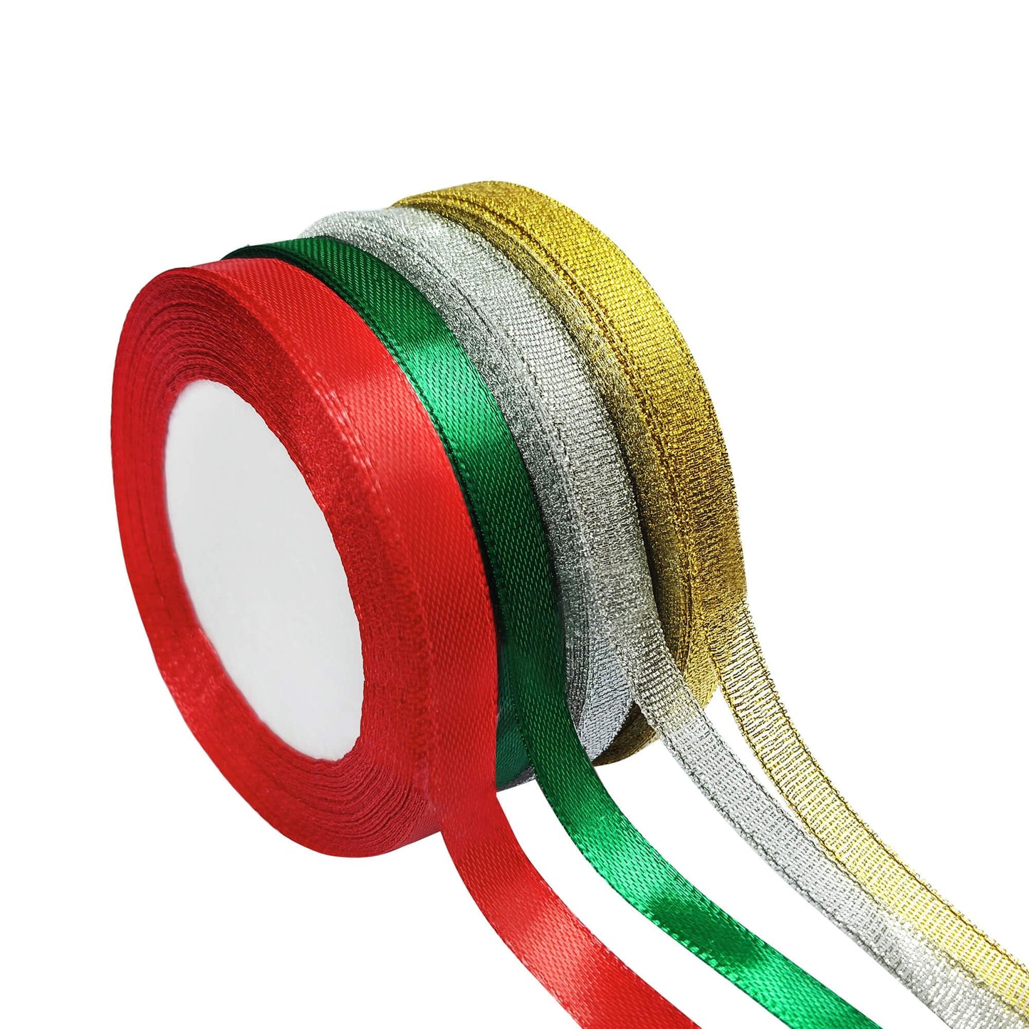 LOJAYUVE Christmas Ribbon 4 Rolls, 25 Yards x 0.4 Inch - Red Green Gold Silver Satin Ribbon for Gift Wrapping, Christmas Tree Decor, Crafts and Holiday Party Supplies
