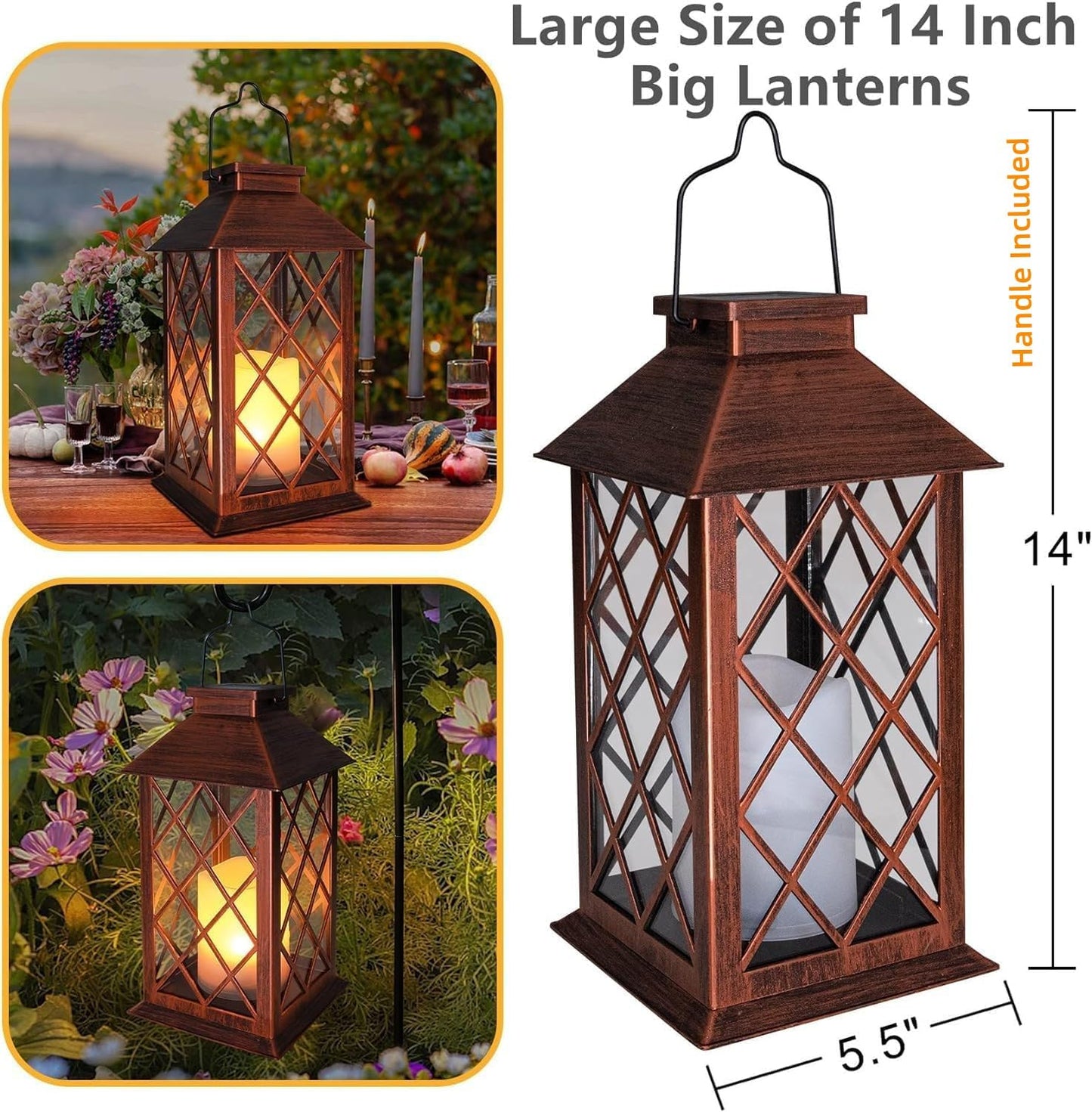 [2 Pack] TAKE ME 14" Solar Lantern Outdoor Garden Hanging Lantern Waterproof LED Flickering Flameless Candle Mission Lights for Table,Outdoor,Christmas Gifts Mom Wife