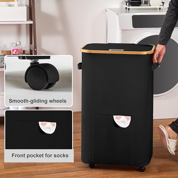 Vincona Laundry Basket with Wheels, Tall Dirty Clothes Hamper on Wheels, Rolling Laundry Hamper with lid for Dorm, Bedroom and Bathroom (Black, 100L)