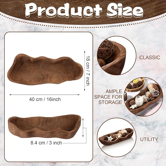 Nuogo 1 Pack 16 Inch Wavy Live Edge Dough Bowl Large Size Wood Rustic Dough Bowl Decorative for DIY Farmhouse Home Supplies Kitchen Decoration(Dark Color)