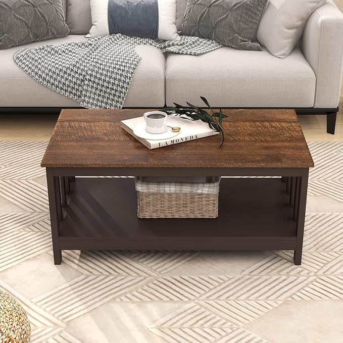 ChooChoo Farmhouse Coffee Table, Espresso Living Room Table with Shelf, 40 Inch