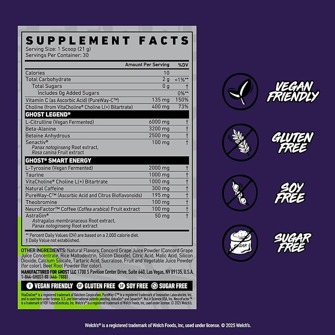 GHOST Legend Pre-Workout Powder, Welch's Grape - 30 Servings ??Pre-Workout for Men & Women with Choline, L-Citrulline, & Beta Alanine for Energy & Focus