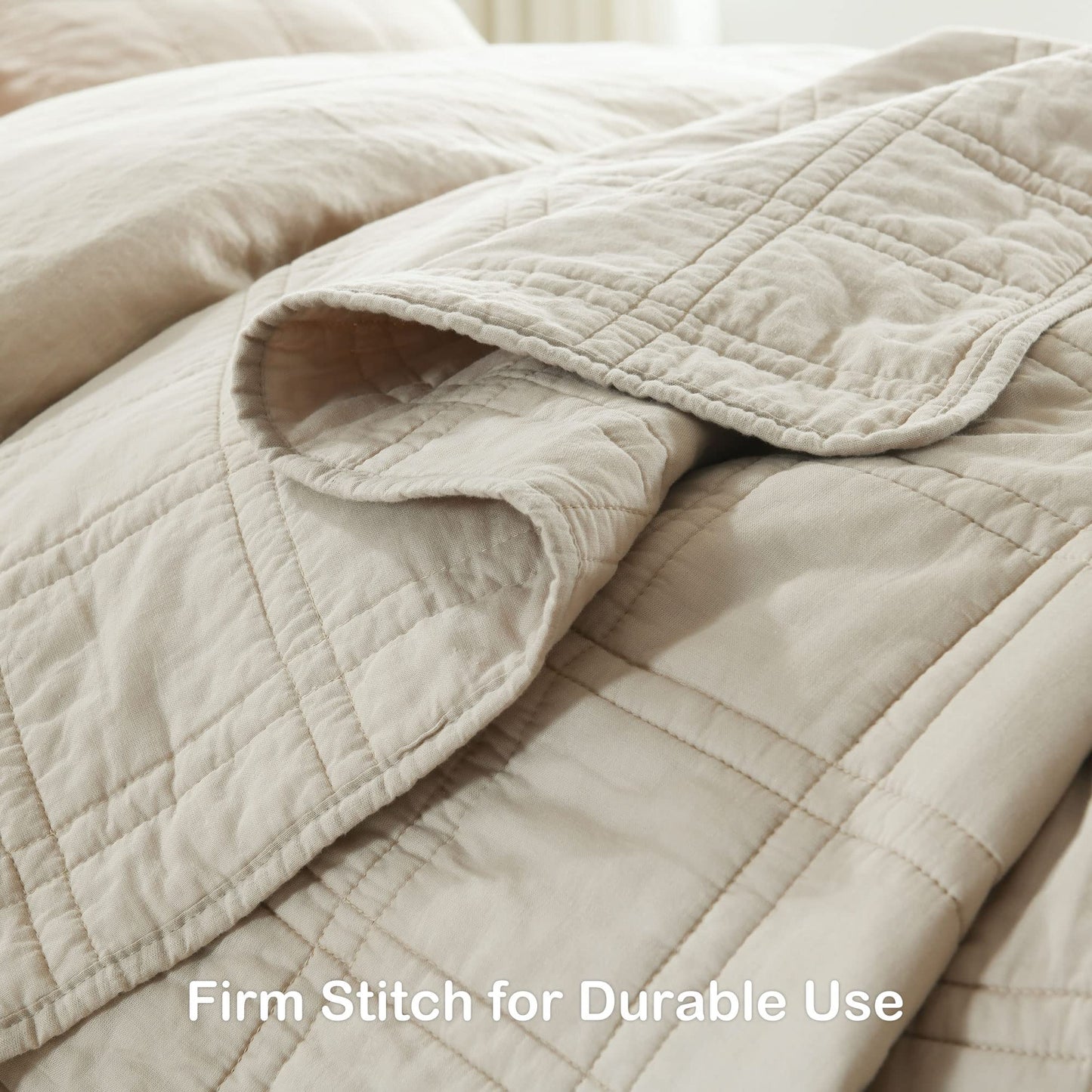 HORIMOTE HOME 100% Cotton Quilt Queen Size Beige Bedspread, Pre-Washed 3-Piece Cozy Lightweight Stitching Decorative Bedding Cover Coverlet Set with 2 Shams in Geometric Pattern for All Season