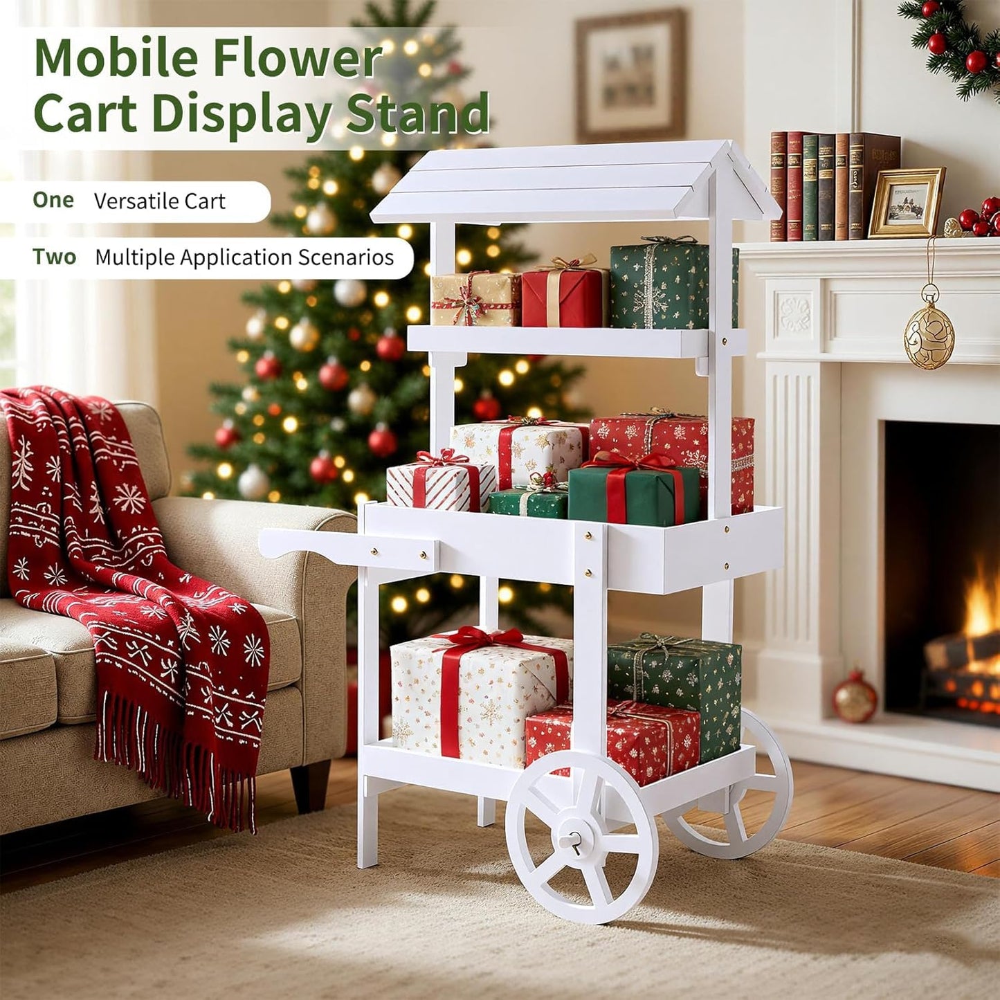 Sicrifety Flower Cart Display Stand with Wheels, 3-Tier Wooden Candy Cart for Party, White Dessert Cart with Canopy Roof for Weddings, Bridal Shower, Baby Shower, Market & Event Decor