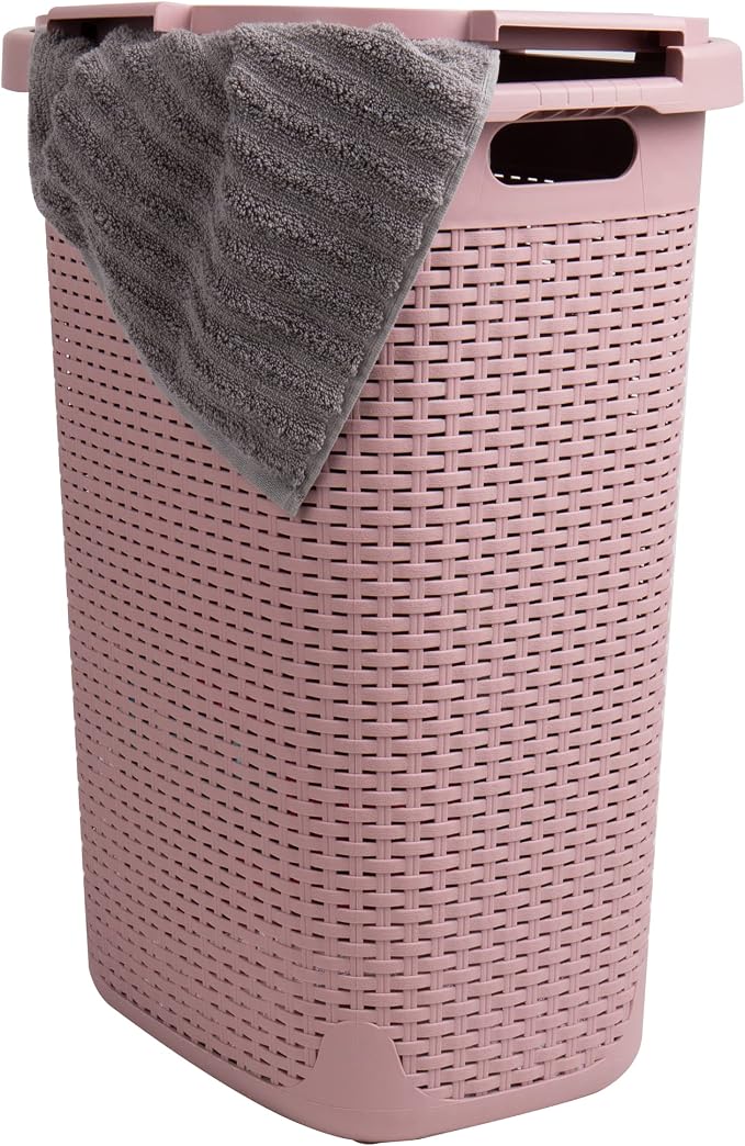 Mind Reader Slim Laundry Hamper with Lid, 60L Tall Clothes Basket, Narrow Tapered Design for Bathrooms, Closets and Laundry Rooms, Plastic, 2 Pack, Pink