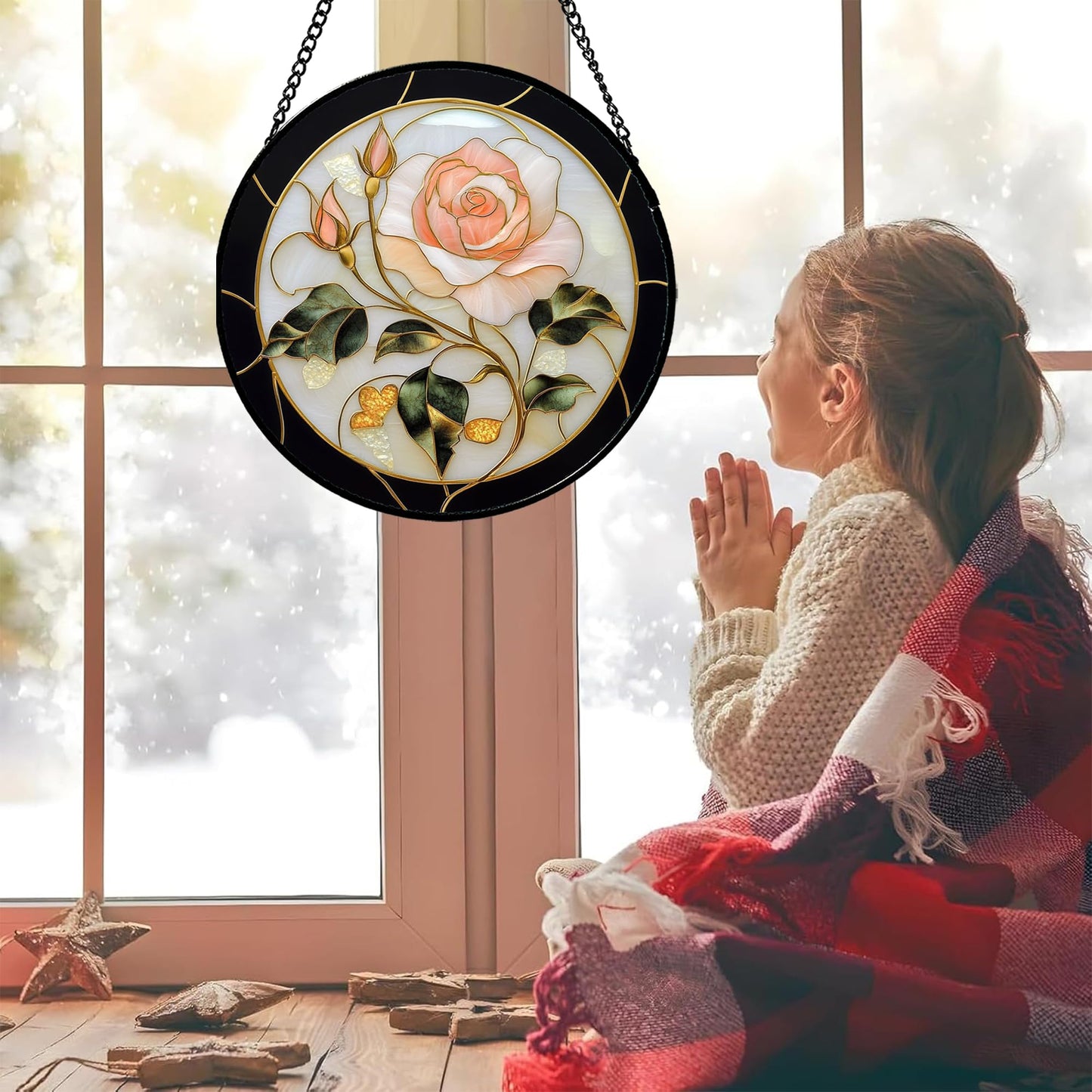 AMDERVEN Stained Glass Window Hanging - Black White Pink Rose Sun Catcher for Door Home Decor Flower Suncatcher Christmas Mother's Day Birthday Gifts for Women Men Lovers Mom Nana 15 in