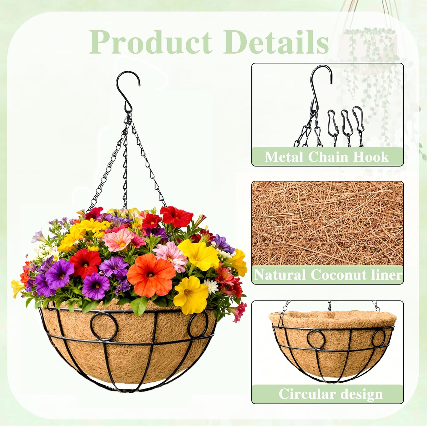 EIMQUVW Outdoor Hanging Planter(4-Pack) Black Metal Hanging Baskets with Coconut Fiber Lining 14 inch Round Chain Flower Pots for Patio Garden Greenery Decoration