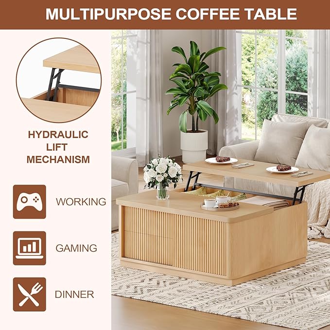 Itaar 39.4'' Lift Top Coffee Table with Storage, Fluted Coffee Tables for Living Room, Square Coffee Table with Large Hidden Compartment & 2 Drawrs & Adjustables Shelves, Oak