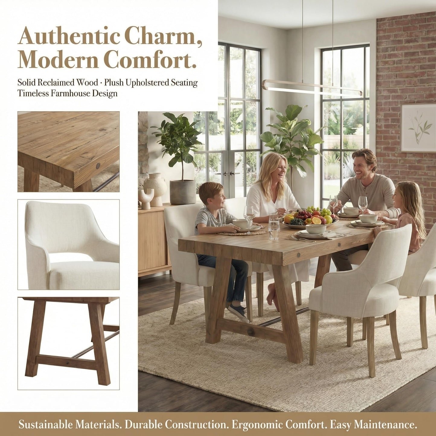 DM Furniture 7-Piece Farmhouse Wooden Dining Room Table Set for 6, 59" Reclaimed Wood Dining Table with Upholstered Chairs, Solid Wood Kitchen Table & Chair Set for Dining/Kitchen Room, Brown