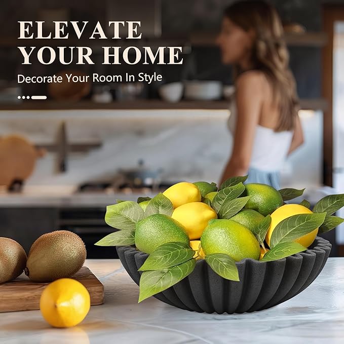 YMXYJM Large Decorative Bowl, Modern Handicraft Bowls for Home Decor, Decorative Fruit Bowl for Kitchen, Ruffle Bowl Decor, Stylish Key bowl for Entry Table, Artificial Stone Black