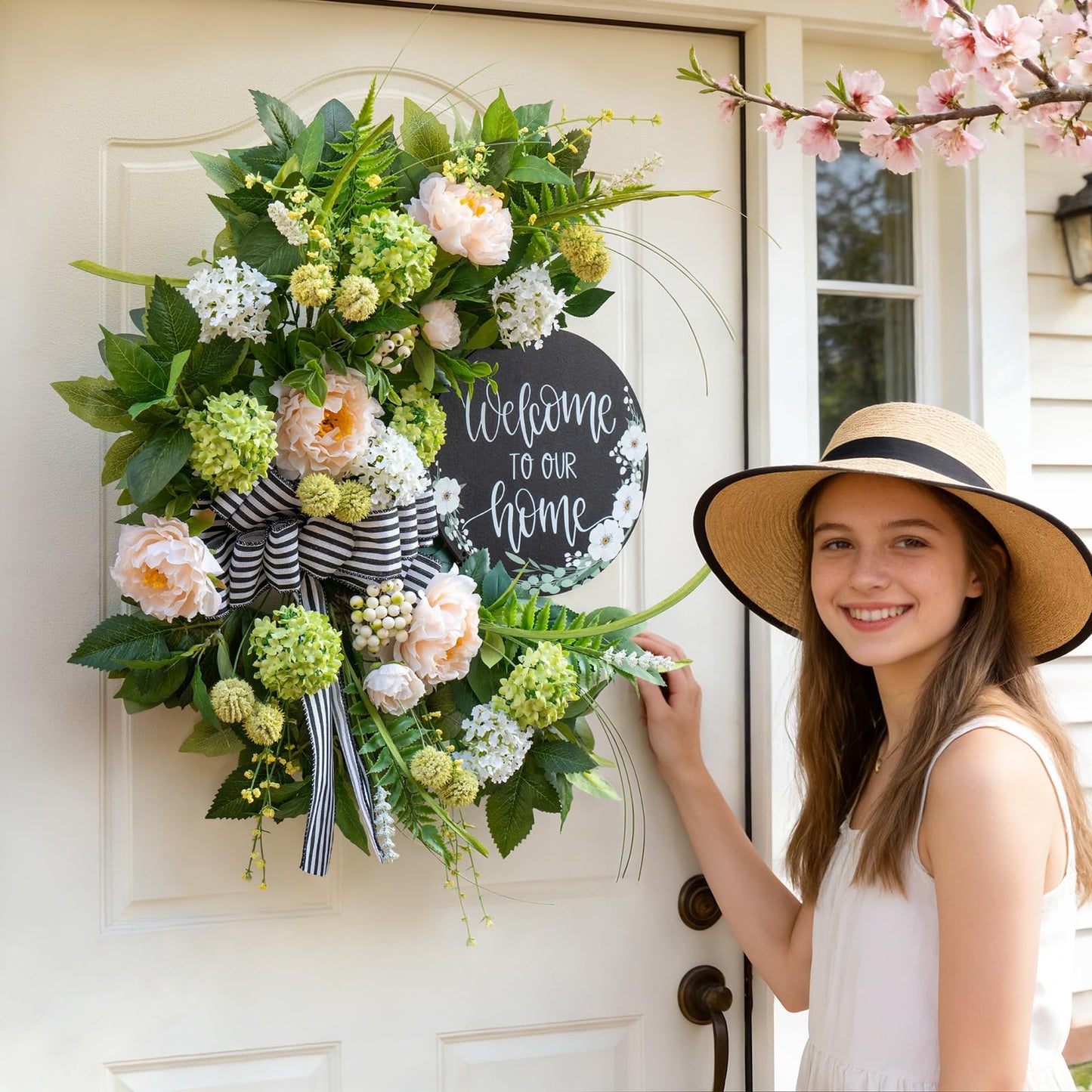 Spring Summer Wreaths for Front Door, Half Circle Summer Wreath with Hydrangea & Peony, Striped Bow & Welcome Sign – 24 Inch Indoor/Outdoor Seasonal, Housewarming & Festive Spring Door Wreath Decor