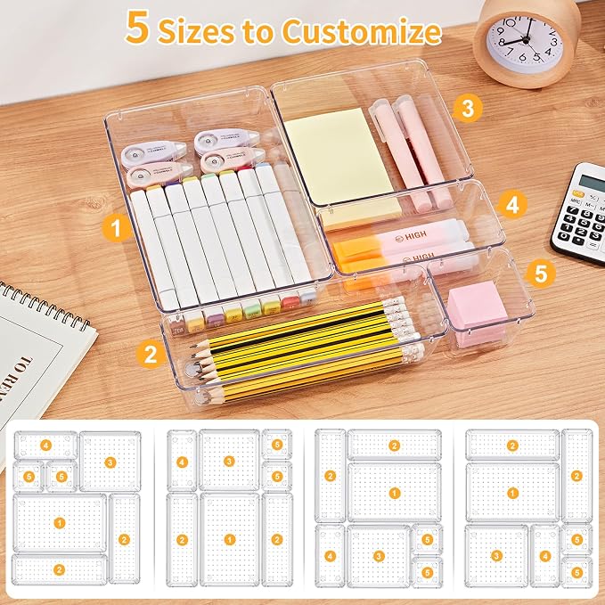 SMARTAKE 22-Piece Drawer Organizer with Non-Slip Silicone Pads, 5-Size Clear Desk Drawer Organizer Trays Storage Tray for Makeup, Jewelries, Utensils in Bedroom Dresser, Office and Kitchen, Clear
