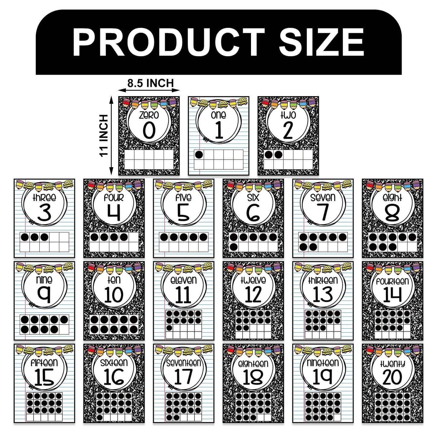 JarThenaAMCS 21Pcs Number Charts 0-20 Math Posters Black White Composition Educational Posters for Back to School Math Leaning Home Classroom Wall Decor