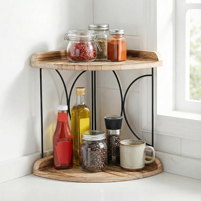 Goaste 2-Tier Bathroom Counter Organizer, Wood Vanity Corner Shelf, Skincare Storage Standing Tray, Kitchen Countertop Spice Rack, Makeup Perfume Holder for Bathroom Organization, Dresser, Kitchen
