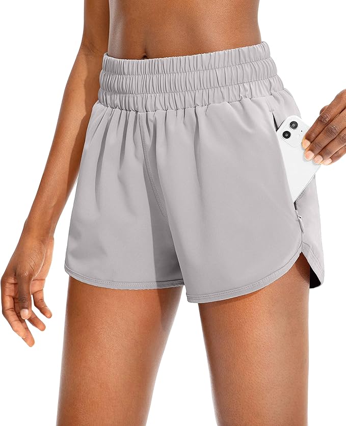 SANTINY Women's Running Shorts with Zip Pockets High Waisted Athletic Workout Gym Shorts for Women with Liner