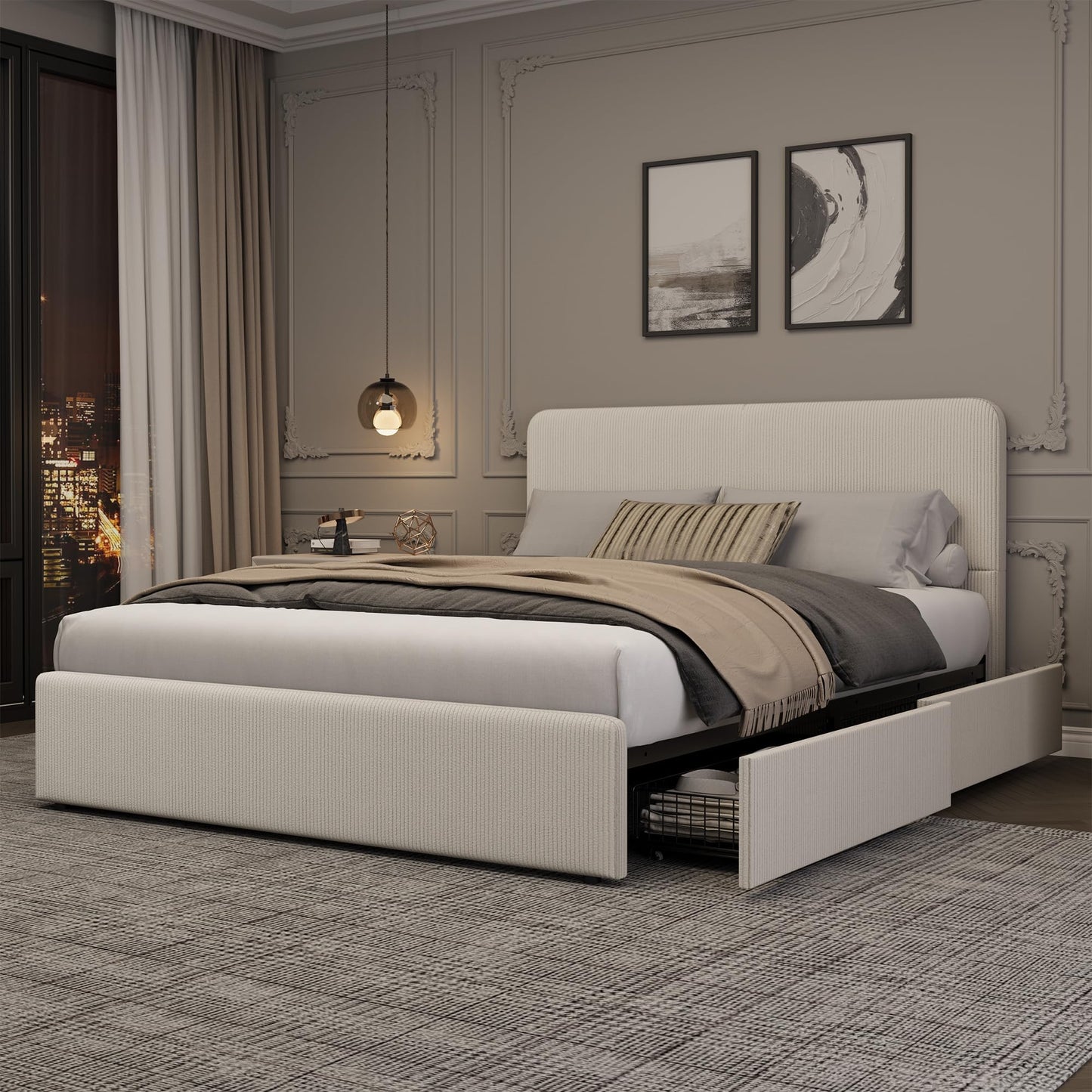 GarveeHome Modern Upholstered Platform Bed Frame with Headboard and Storage Drawers – Strong Wood Slats, Noise-Free, No Box Spring Needed, Easy Assembly – Full Size, Corduroy Neutral-White Tone