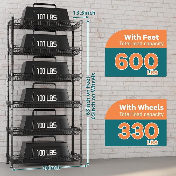 Himimi 6 Tier Rolling Storage Cart, Metal Wire Basket Rack with Wheels, Adjustable Storage Shelves Organizer Shelf for Kitchen Pantry Garage Laundry Room Bathroom, 30" W X 13.5" D X 63" H, Black