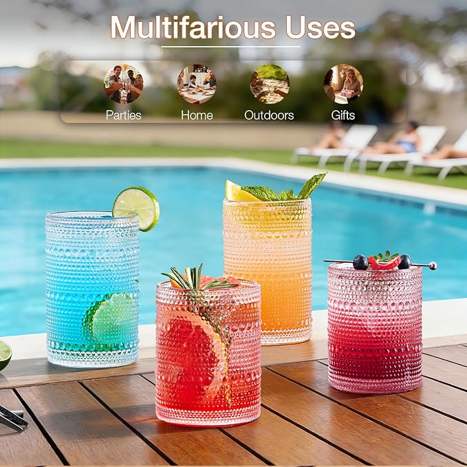 LUNA & MANTHA Drinking Water Glasses Set, Lead-Free Crystal Highball Glass, Tall Glass Cups for Cocktail Parties,Hobnail set of 8,15oz&12oz