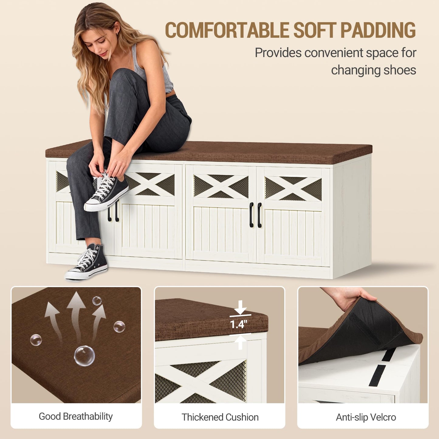 Hzuaneri 2 Tier Shoe Storage Bench with Doors, 47.2" Farmhouse Shoe Bench with Padded Cushion, 12 Pairs of Bed End Bench, Entryway Bench with Storage for Bedroom, Living Room, Rustic White SB61214KA