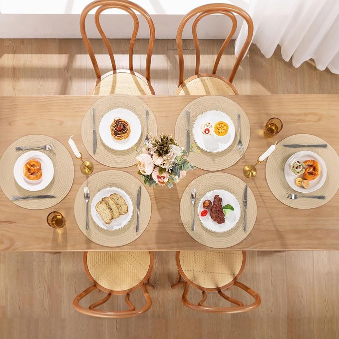 SHACOS 15 inch Round Placemats Set of 8 for Dining Table Cotton Polyester Braided Place Mats Washable Kitchen Table Mats for Dinner Party Table (Light Beige, 8)