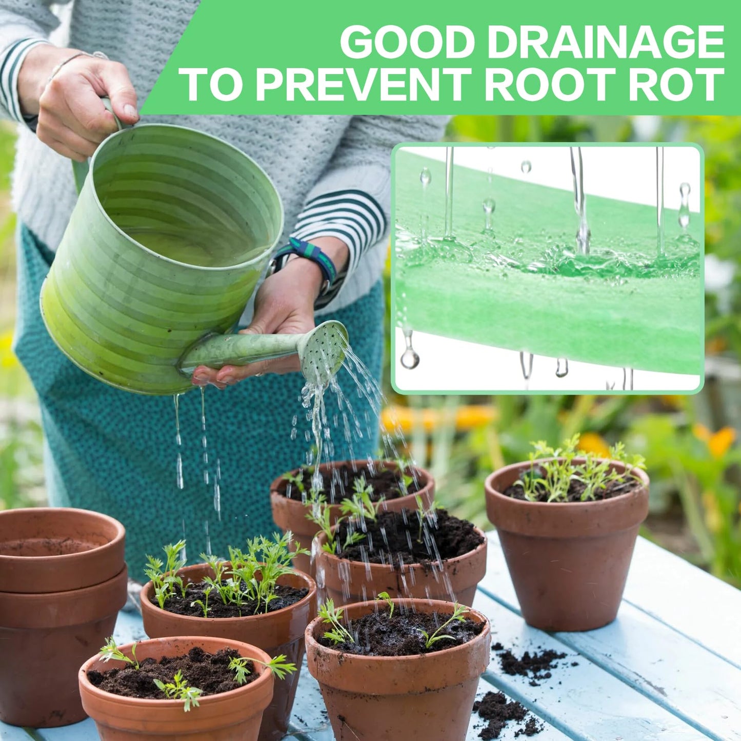 WSFSLJWDW 2-Pack Flower Pot Filler Insert Set with 59.05"x11.81" Green Drainage Mat & Black Gloves - Lightweight Planter Base for Indoor/Outdoor Garden Containers