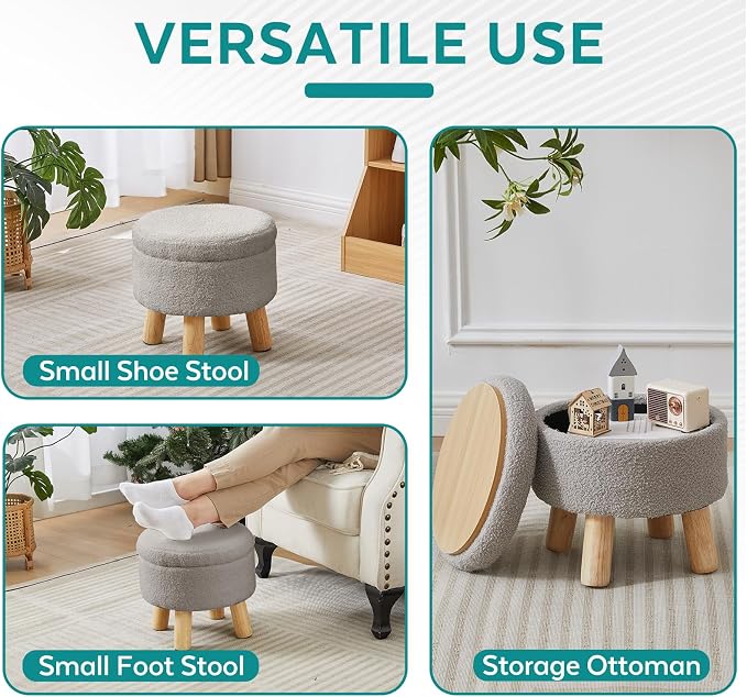 Small Foot Stool Ottoman with Storage, Sherpa Ottoman Foot Rest for Couch, Round Footstool with Storage, Small Ottomans and Footstools for Living Room and Entryway (Light Gray)