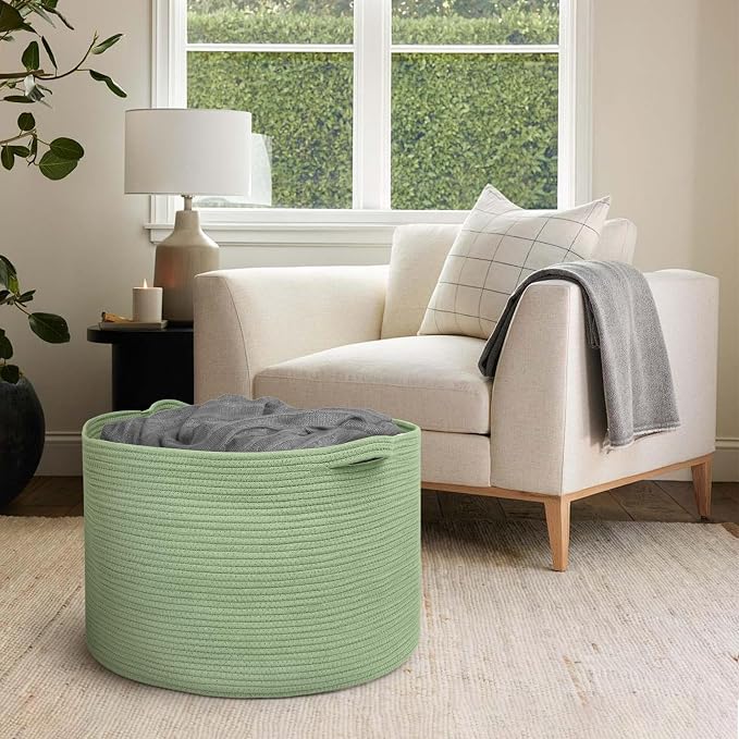 MEGASKET 115L Oversized Green Basket, 23.6"x15.7" Woven Cotton Rope Bin for Blankets, Nursery Wicker Laundry Hamper, Kids Toy Storage Bin, Sage Green Living Room Bedroom Decor Baskets for Organizing