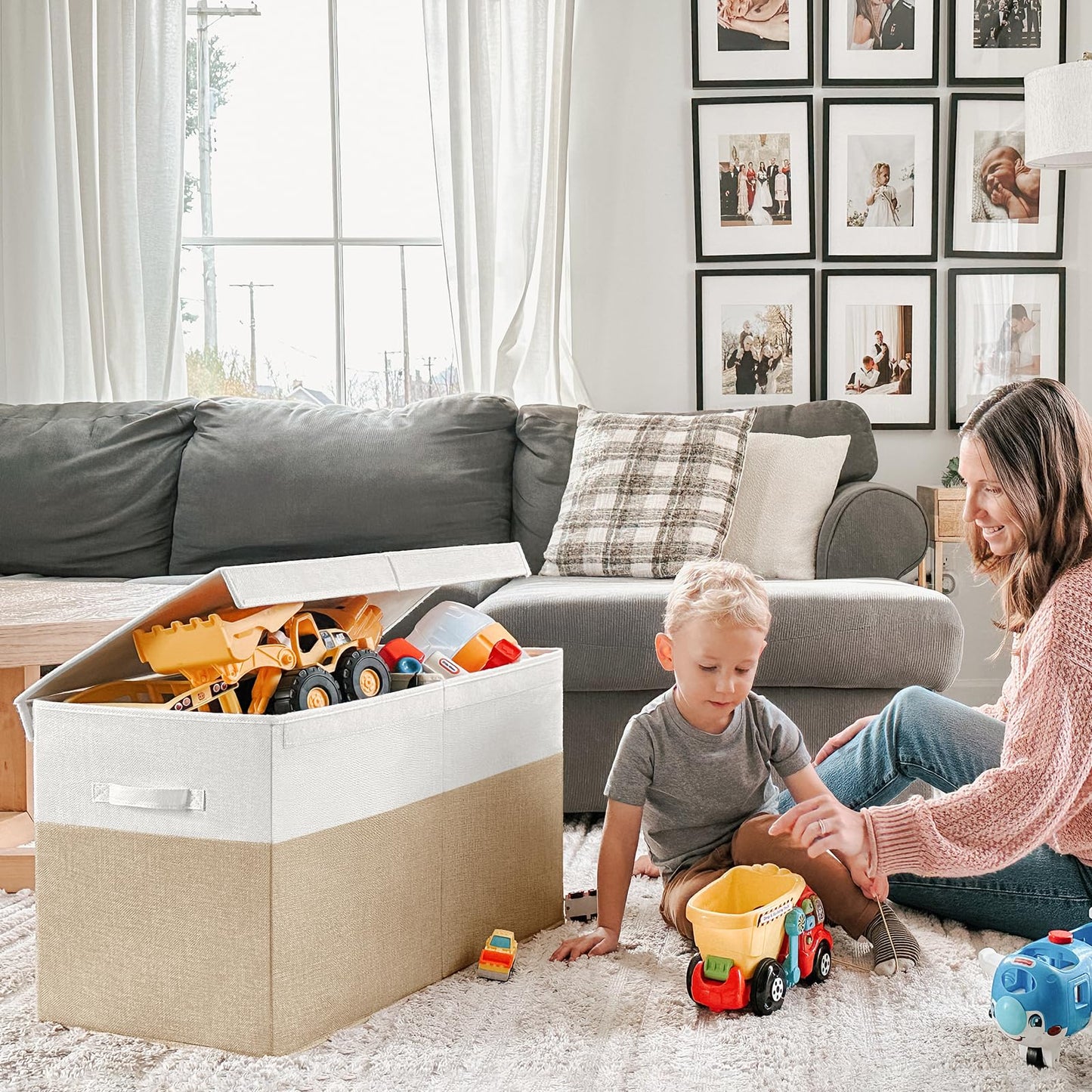 INDRESSME Large Toy Box with Lid, Collapsible Toy Storage Organizer Chest with Divider, Foldable Toy Bin for Kids Boys Girls Playroom Nursery Bedroom Living Room 25"x16"x13" (Beige & White)