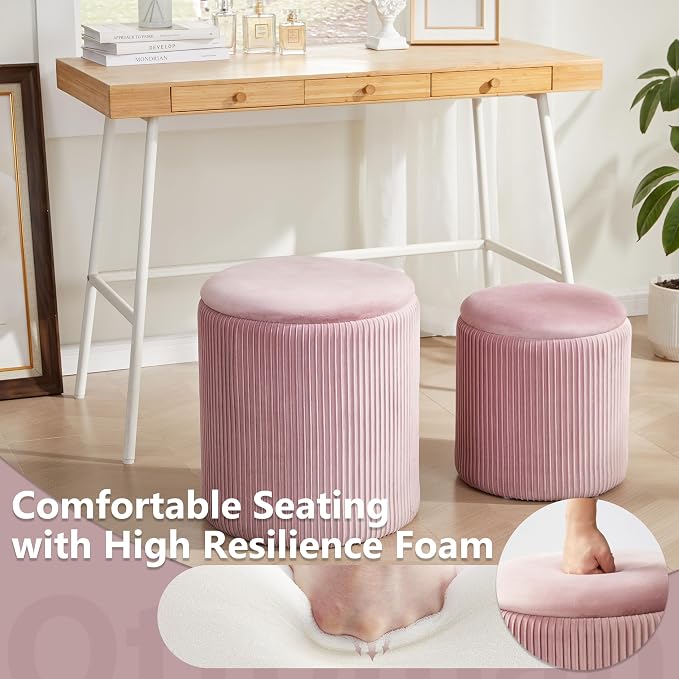 Royal Windsor Round Ottoman with Storage Set of 2,Vanity Stool with Storage for Bedroom, Ottoman Coffee Table,Small Velvet Foot Stool for Living Room, Pink