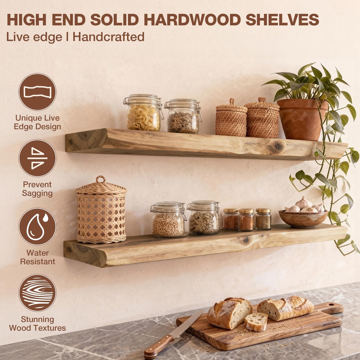 Axeman 36 inch Live Edge Floating Shelves for Wall, 8 Inch Deep Solid Locust Wood Wall Shelves - Rustic Wooden Shelves with Invisible Brackets for Living Room Bedroom Kitchen, Set of 2